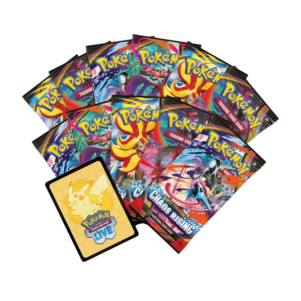 Pokemon TCG Mega Evolution Chaos Rising Elite Trainer Box contents 9 booster packs Fennekin promo card sleeves energy cards dice and collectors box Australia