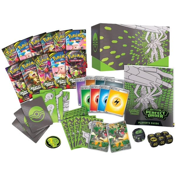 Pokemon TCG Mega Evolution Perfect Order Elite Trainer Box contents 9 booster packs promo card sleeves energy cards dice and collectors box Australia