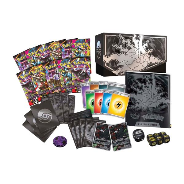 Pokemon TCG Mega Evolution Pitch Black Elite Trainer Box contents 9 booster packs Zarude promo card sleeves energy cards dice and collectors box Australia