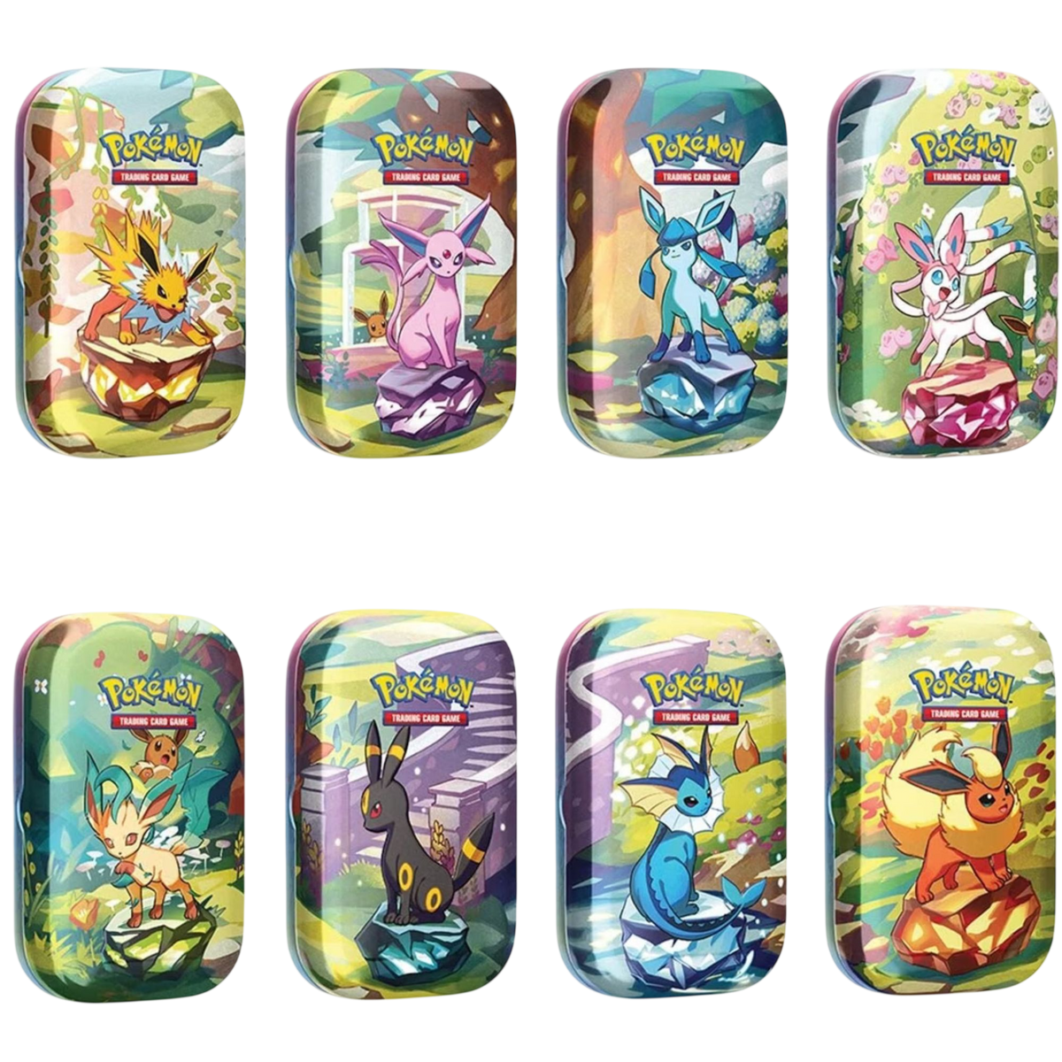 Pokemon TCG Scarlet and Violet Prismatic Evolutions Mini Tins sealed assorted Eeveelution designs including Eevee Vaporeon Jolteon Flareon Espeon Umbreon Leafeon and Glaceon Australia