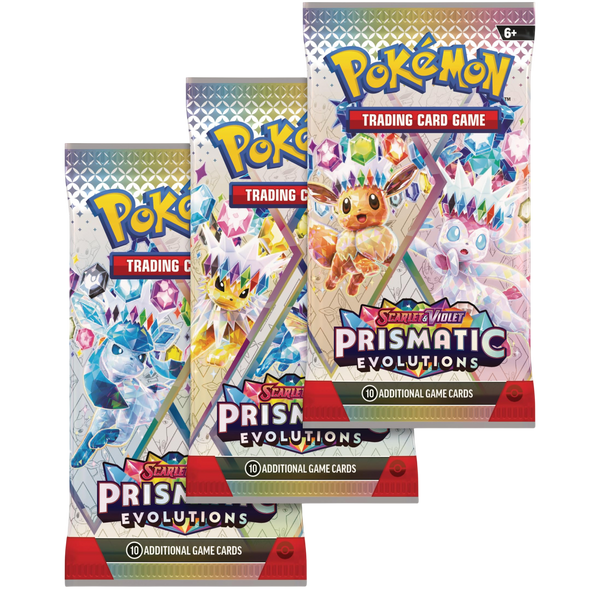 Pokemon TCG Scarlet and Violet Prismatic Evolutions Poster Collection contents 3 booster packs 3 foil promo cards featuring Flareon Vaporeon and Jolteon and illustration poster Australia