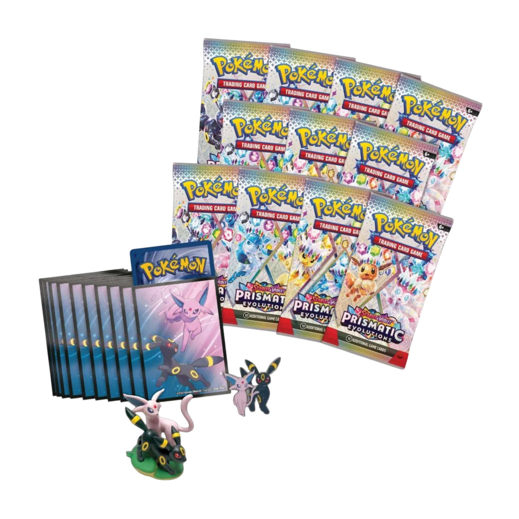 Pokemon TCG Scarlet and Violet Prismatic Evolutions Premium Figure Collection contents 11 booster packs 2 foil promo cards collectors figure pin and card sleeves Australia