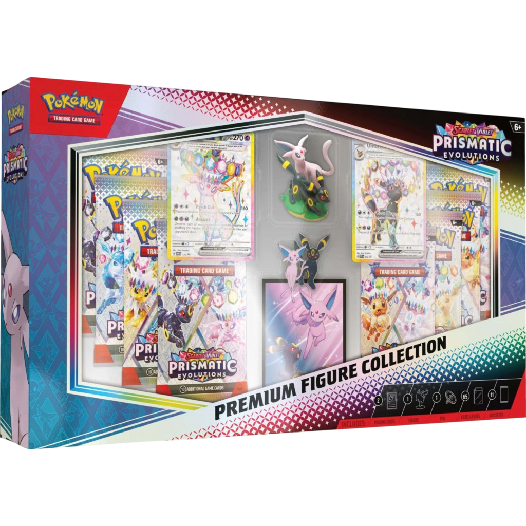 Pokemon TCG Scarlet and Violet Prismatic Evolutions Premium Figure Collection sealed 11 booster packs figure pin and promo cards Australia