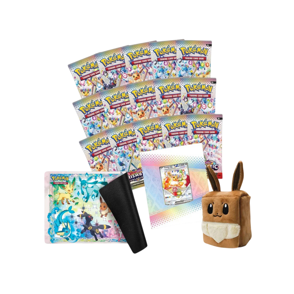 Pokemon TCG Scarlet and Violet Prismatic Evolutions Super Premium Collection contents 15 booster packs Eevee ex promo fuzzy deck box playmat and card sleeves Australia