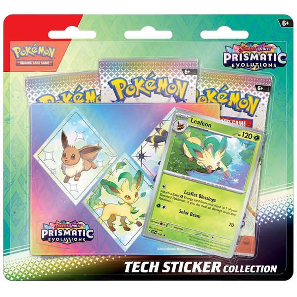 Pokemon TCG Scarlet and Violet Prismatic Evolutions Tech Sticker Collection contents 3 booster packs foil promo card and tech sticker sheet Australia